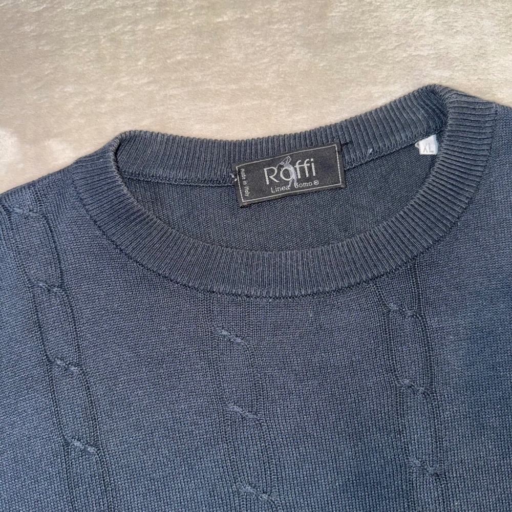 Raffi Linea Uomo Mens Navy Blue Cable Knit Short Sleeve Sweater Made in Italy XL - Picture 2 of 5